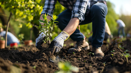 Fototapeta premium Person planting trees or working in community garden promoting local food production and habitat restoration, concept of Sustainability and Community Engagement.