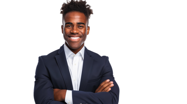 Business man portrait isolated on white transparent background, Afro businessman in suit, crossed arms.
