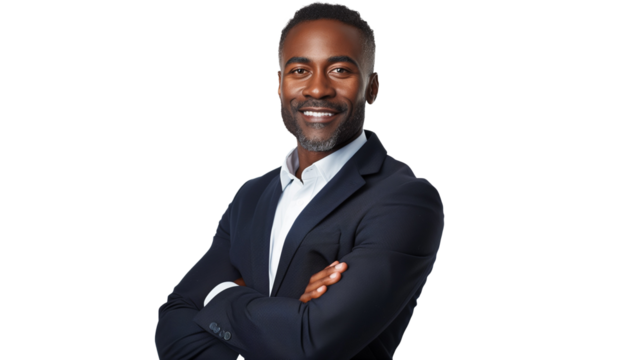 Business man portrait isolated on white transparent background, Afro businessman in suit, crossed arms.