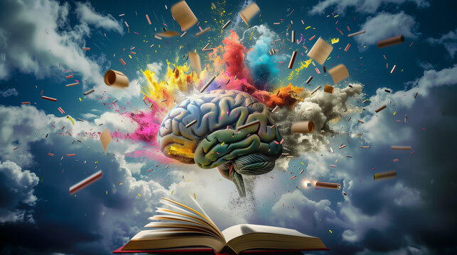 Concept art of a human brain exploding with knowledge and creativity.