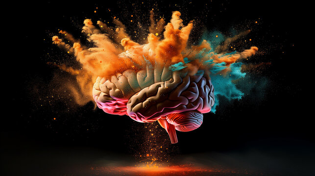Concept art of a human brain exploding with knowledge and creativity.