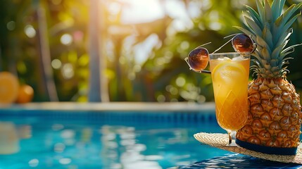 Exotic pineapple cocktail by the blue pool with sunhat and sunglasses