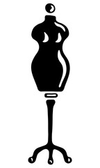 Female Sewing Mannequin. Black and white Icon of dress form. Hand drawn vector illustration on white background.