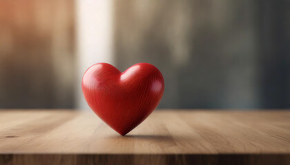 red heart on wooden table, symbolizing love and romance, against blurred Valentine's Day backdrop. Copy space available