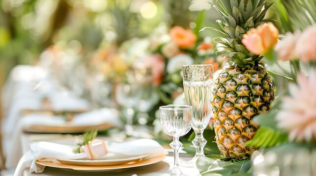 Formal wedding place setting on long table background focus on pinapple joice glass