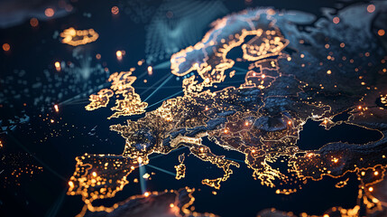 Abstract network grid with data transfer lines and nodes on europe map