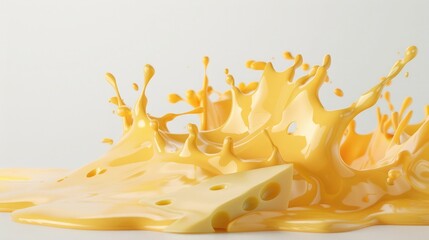 Design a realistic 3D render of isolated cheese splashes against a white background