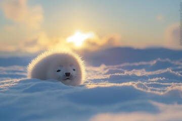 Cute baby seal in the snow, Arctic environment, in the winter morning light.