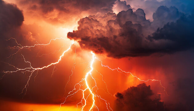 Dramatic sky with intense red-orange hues, lightning, and thunderstorm symbolize divine wrath and nature's fury, conveying anger and power in a visually striking scene