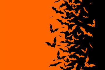 Square Halloween banner with black bats on the orange background. Illustration with a place for text.
