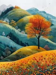 Illustration of a vibrant autumn landscape featuring rolling hills, colorful trees, and a blooming meadow with wildflowers.