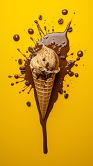 Dynamic image of a chocolate ice cream cone with dramatic coffee splashes against a yellow background, symbolizing energy and indulgence.