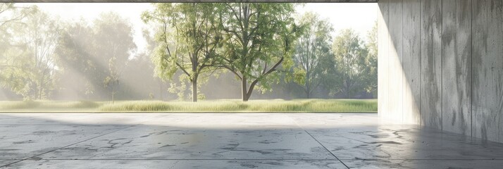 concrete hallway with a park background. For product display