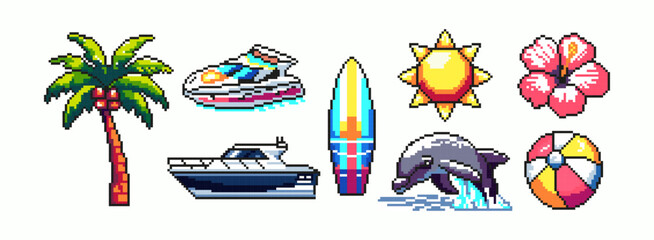 Trendy set of elements for summer holidays in the style of pixel art, isolated on a white background. Inspired by the games of the 80s, 90s. Palm tree, yacht, speedboat, hibiscus, bell, sun, surfboa