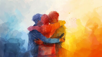 Watercolor cartoon of a group hug among LGBTQ friends, illustrated with a minimalist approach and warm, inviting colors Generative AI
