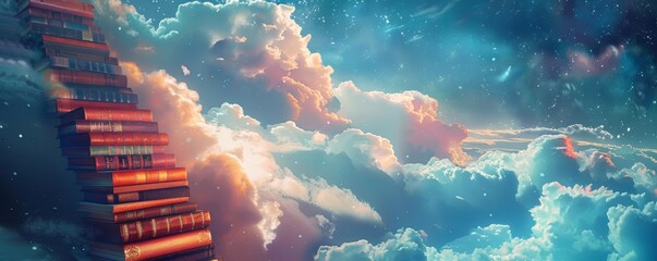 Abstract stack of books with ladder reaching towards the clouds, emphasizing limitless possibilities in education