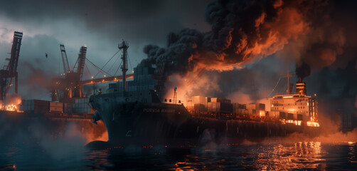 A large cargo ship with containers on fire. The tanker arrived at the port at night. An accident at the seaport. The scene is tense and chaotic