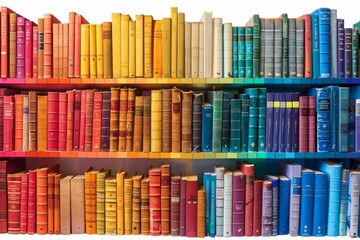 Artistic bookshelf with a gradient of multicolored books, representing a love for reading and diversity
