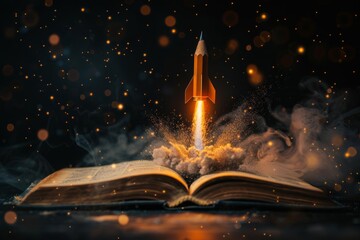 Naklejka premium Artistic depiction of a pencil rocket emerging from an open book, symbolizing the fusion of education and innovation