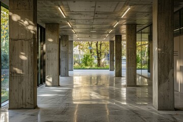 concrete hallway with a park background. For product display