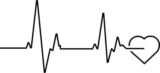 Heartbeat black line and small stylized black heart outline vector illustration