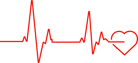 Heartbeat red line and small stylized red heart outline vector illustration