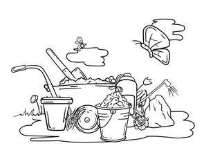 Coloring book for children with garden tools, wheelbarrow, shovel, flower pots and spring nature. Black and white image