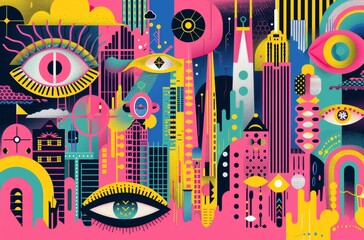 Obraz premium Vibrant Abstract Cityscape with Eyes and Geometric Shapes in Pop Art Style