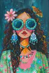 portrait illustration of a cool girl, fashion dressed withbig earrings and green leaves motifs around, big colorful sunglasses, 