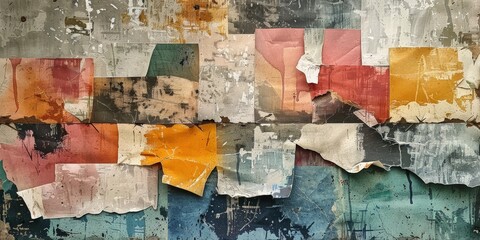 Colorful torn paper collage background with vintage textures and layered patterns
