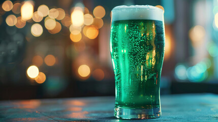 Glass of green beer on grey table against blurred ligh