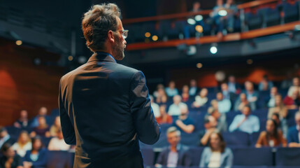 A man stands in front of a crowd of people, giving a speech. The audience is attentive and engaged, listening to the speaker. The atmosphere is serious and focused