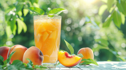 Glass of tasty peach juice and fresh fruit on white ta
