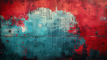 Abstract Grunge Background with Halftone Effect. A vibrant abstract grunge background featuring a red and blue color palette, halftone effect, and dot patterns.