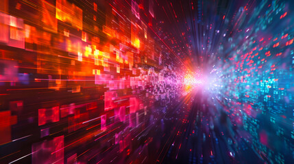Fototapeta premium Abstract Digital Data Stream with Bright Colors. Vibrant digital data stream composed of colorful pixels and light streaks, symbolizing high-speed information transfer and technology.