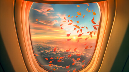 A view of the ocean from an airplane window with a sunset in the background. The sky is filled with fish, creating a serene and peaceful atmosphere