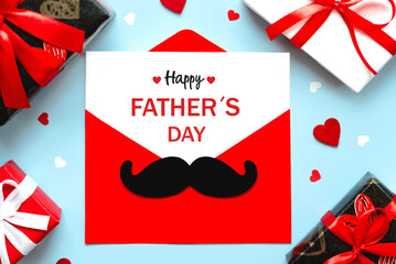 Happy Father's Day. Top view of red envelope with mustache and letter with the text Happy Father's...