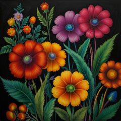 Chalk drawing of vibrant flowers