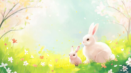 Cute white rabbit family in flower garden cartoon background