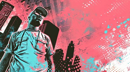 A confident man stands against a vibrant city skyline backdrop