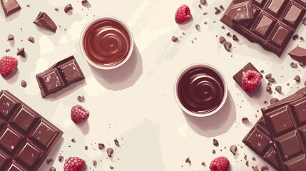 Delicious chocolate bars and bowls of melted chocolate with fresh raspberries, perfect for dessert or sweets-themed culinary projects.