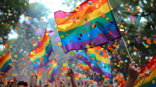 Celebrate Pride Month with confetti showers, and colorful rainbow flags. Join the joyful crowd in a festival of love, acceptance, and unity at various events and rallies. Diversity of LGBTQ community.
