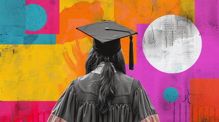 digital collage colorful illustration rear view female graduated college student celebrating graduation