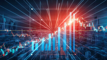 Digital Featuring display showcasing a lit Bar Graph With Data Points and Trading Charts Background.-generative AI