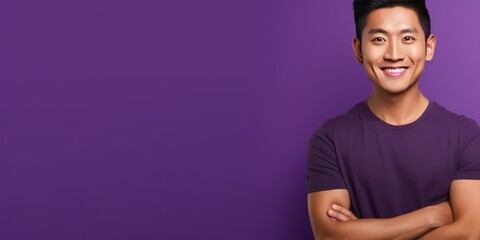 Purple Background Happy asian man realistic person portrait of young teenage beautiful Smiling boy good mood Isolated on Background ethnic diversity equality acceptance concept 