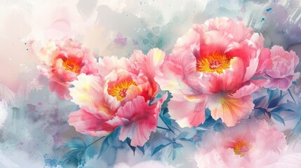 Delicate light peony flowers in the style of watercolor paints.