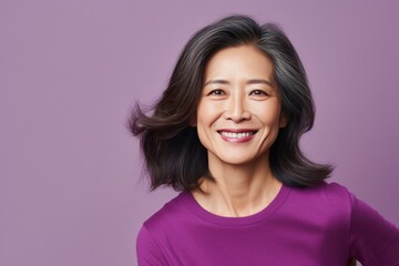 Purple Background Happy Asian Woman Portrait of Beautiful Older Mid Aged Mature Smiling Woman good mood Isolated Anti-aging Skin Care Face 