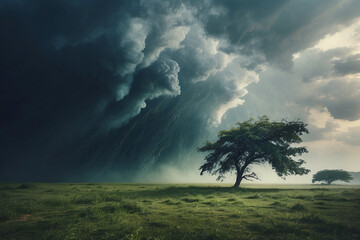 A dark and imposing cloud formation looms over a serene landscape with a solitary, windswept tree, creating a juxtaposition of elements