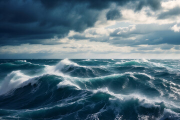 Turbulent ocean waves captured with a looming storm above, showcasing the vastness and power of nature