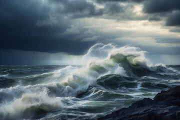 Fototapeta premium A dramatic scene as towering waves break powerfully against a rocky coastline under a foreboding cloudy sky